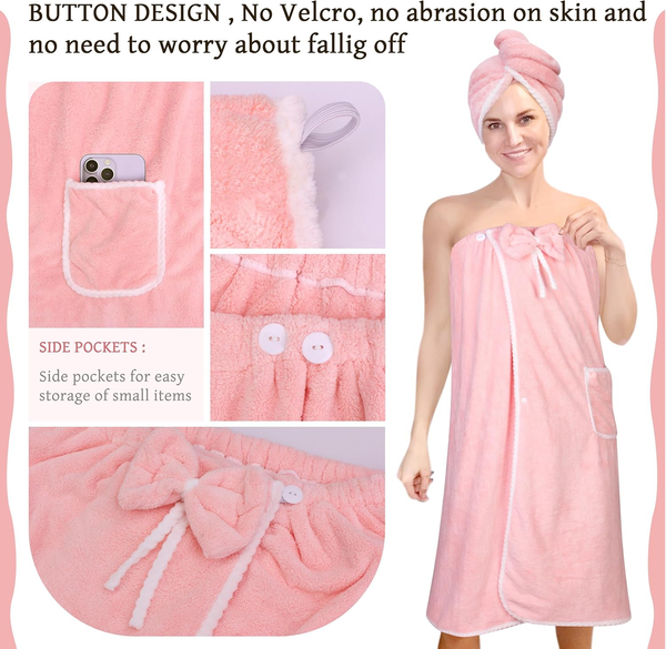 Towel Wrap Women Shower Robe Adjustable Closure Bathrobe with Hair Drying Towel & Spa Wraps