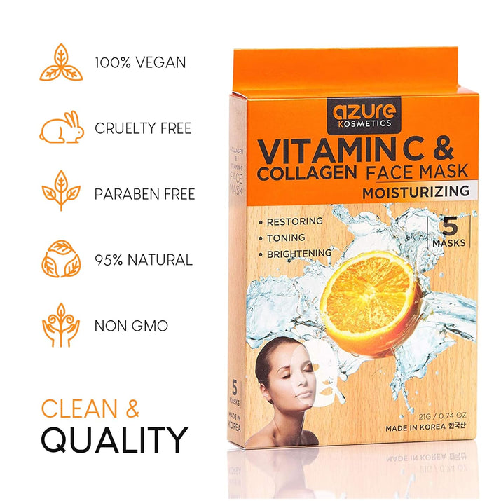 Vitamin C & Collagen Face Mask - Dermatologist Tested Anti-Aging Hydrating Sheet Mask for Dry Skin - Firms, Tones, and Smooths Fine Lines - Korean Skincare - Pack of 5