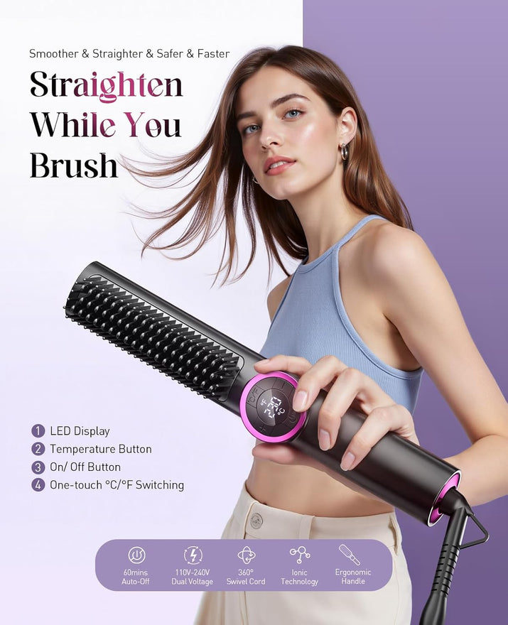 Hair Straightener Brush for Women: Negative Ionic 3-In-1 Curling & Straightening Brush, Ceramic Hot Comb with 16 Temps for Hair Styling