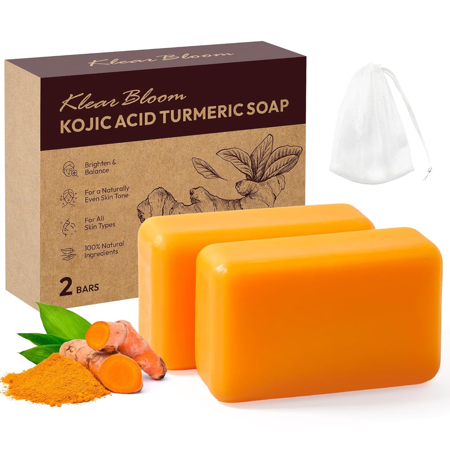 Kojic Acid Soap, Turmeric Soap Bar for Dark Spots Brightening & Moisturizing with Collagen, Vitamin E, Retinol, Hyaluronic Acid, Shea Butter, Paraben & Sulfate-Free 105G X 2 Bars