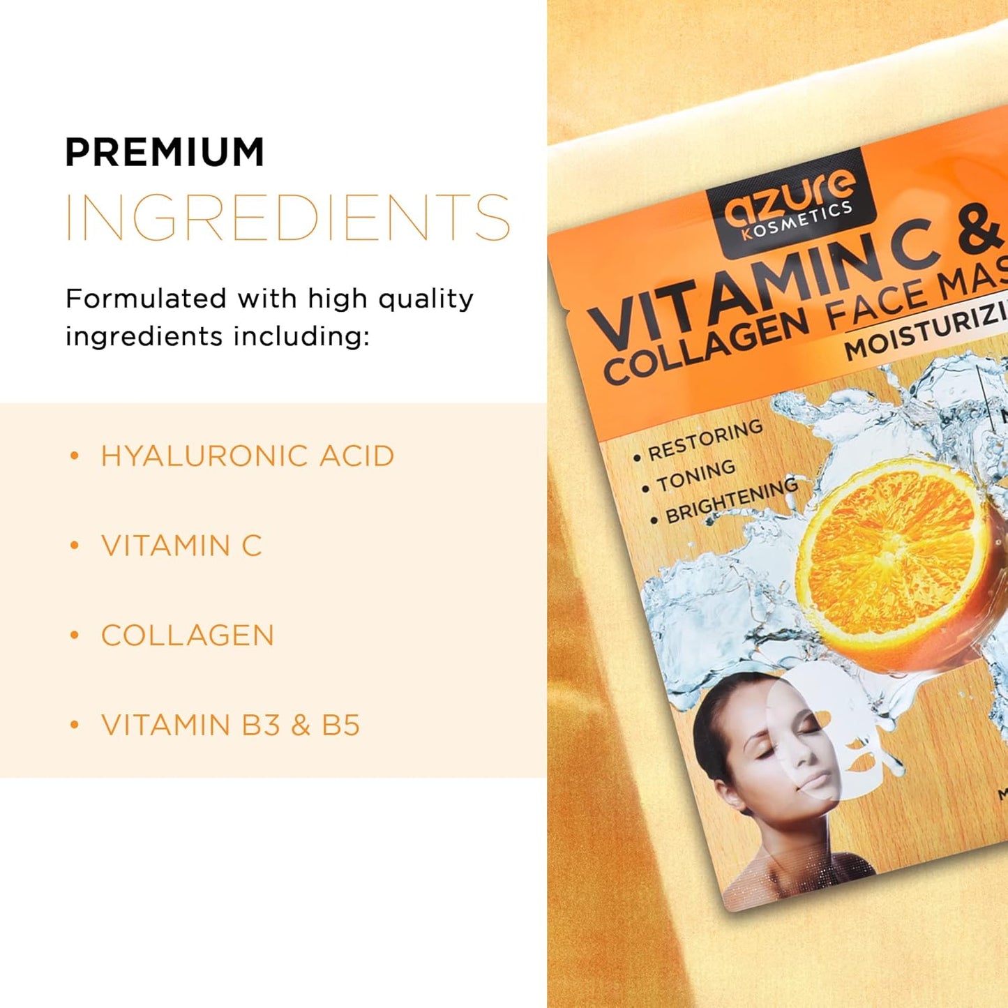 Vitamin C & Collagen Face Mask - Dermatologist Tested Anti-Aging Hydrating Sheet Mask for Dry Skin - Firms, Tones, and Smooths Fine Lines - Korean Skincare - Pack of 5
