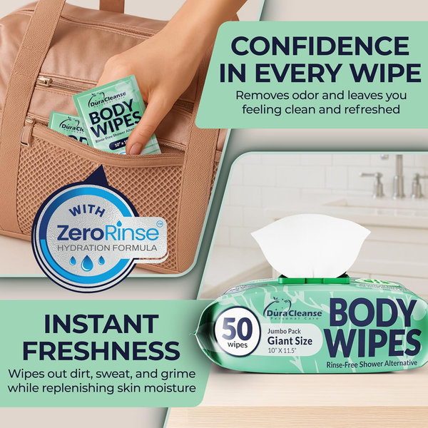 Body Wipes for Women, Extra Moist No Rinse Bathing Wipes - 50 XL Shower Cloths + 4 Travel Size Bath Sheets - 9