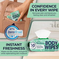 Body Wipes for Women, Extra Moist No Rinse Bathing Wipes - 50 XL Shower Cloths + 4 Travel Size Bath Sheets - 9"X12" after Gym & Post Workout Deodorant, Disposable Washcloths, Womens Hygiene Essentials