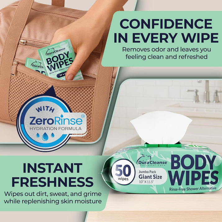 Body Wipes for Women, Extra Moist No Rinse Bathing Wipes - 50 XL Shower Cloths + 4 Travel Size Bath Sheets - 9"X12" after Gym & Post Workout Deodorant, Disposable Washcloths, Womens Hygiene Essentials