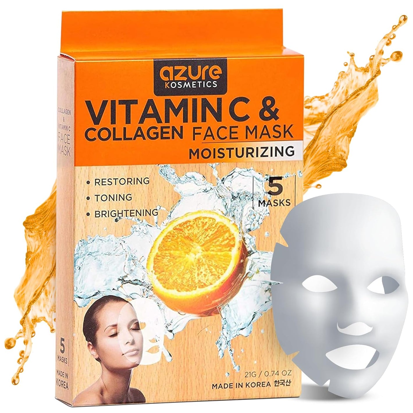 Vitamin C & Collagen Face Mask - Dermatologist Tested Anti-Aging Hydrating Sheet Mask for Dry Skin - Firms, Tones, and Smooths Fine Lines - Korean Skincare - Pack of 5